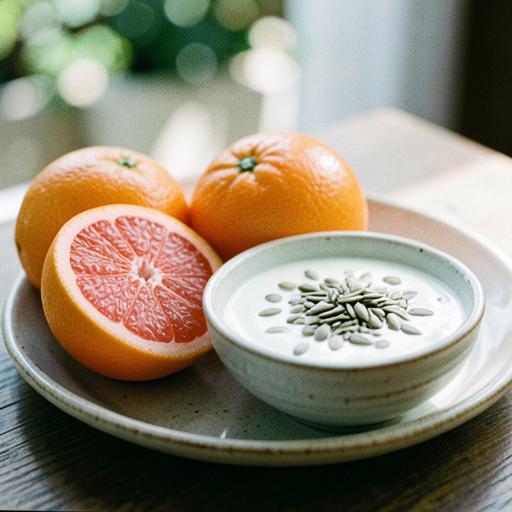 Oranges, grapefruit, and yogurt with pumpkin seeds on a plate