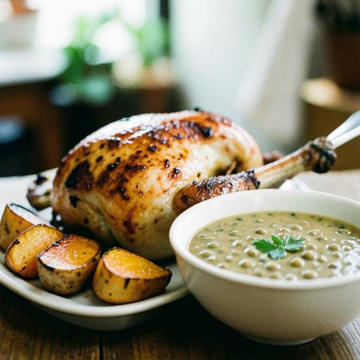 Roasted chicken with potatoes and green pea soup