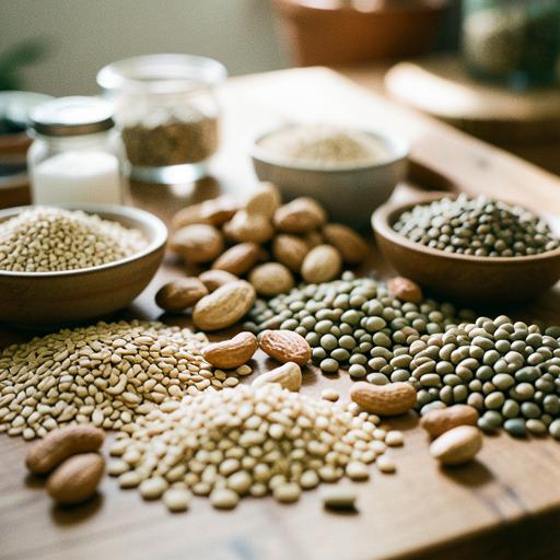 Assorted legumes, nuts, and seeds on a wooden surface