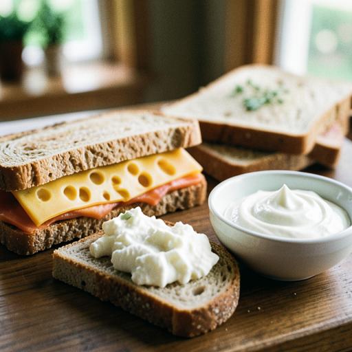 Whole grain bread with cheese, ham, and a bowl of yogurt