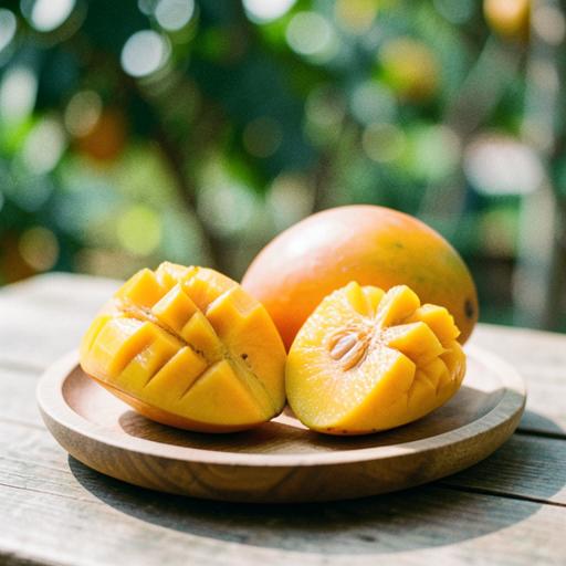 Sliced mango on a wooden plate with whole mango in background