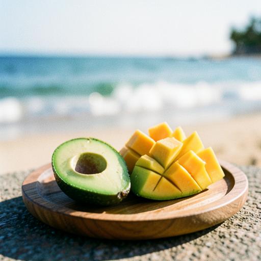 Avocado halves and diced mango on a wooden plate