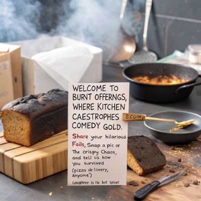 kitchenpan on stove , burnt brean on cutting board and utensils with smokey environment 