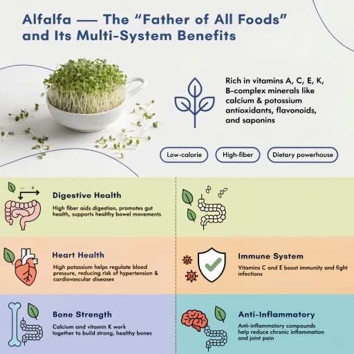 Alfaalfa Sprouts, fresh leaves, powder and seeds