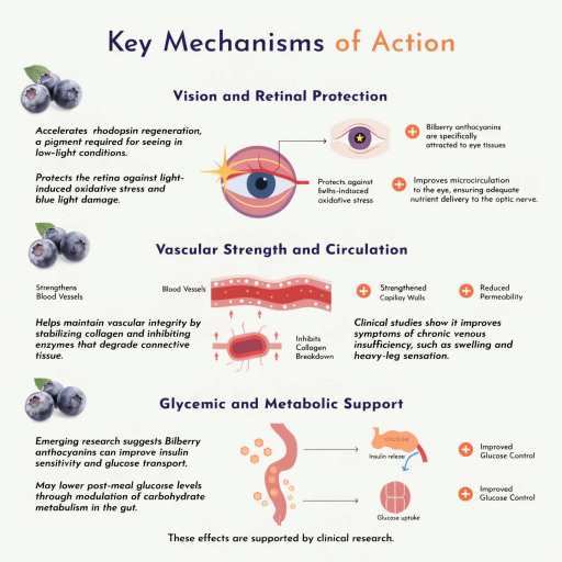 vision and retinol health, circulation and vascular strength, glycemic and metabolic health