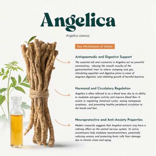 Angelica: Antispasmodic & Digestive Support, Hormonal & Circulatory Regulation, Anti Anxiety and Neuroprotective Properties