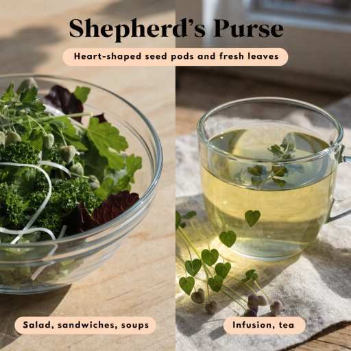 Fresh Spring Greens (Raw salads, Sauteed, Stir-Fry) Heart Shaped Seed Pods (Garnish/Grains), Dried Powder Extract/Tea,
