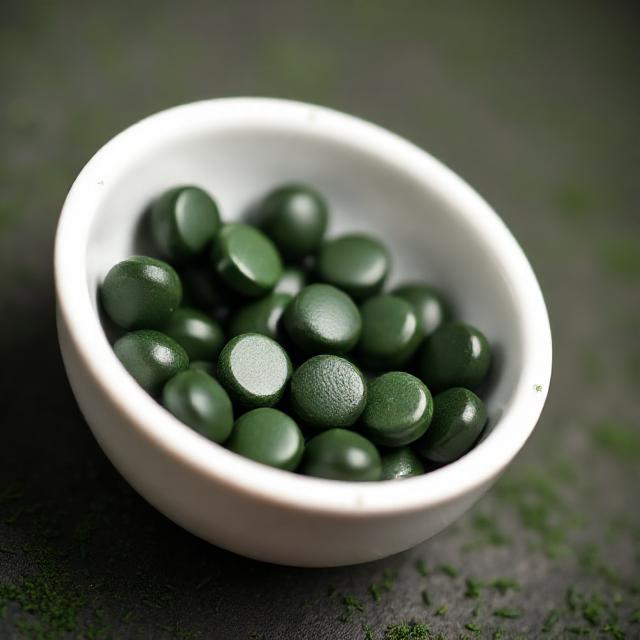 Close-up of spirulina supplement tablets in a white bowl