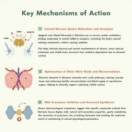 Central Nervous System Relaxation & Anxiolysis, Optimization of Pelvic Nitric Oxide & Microcirculation, Mild Aromatase Inhibition & Hormonal Equilibrium