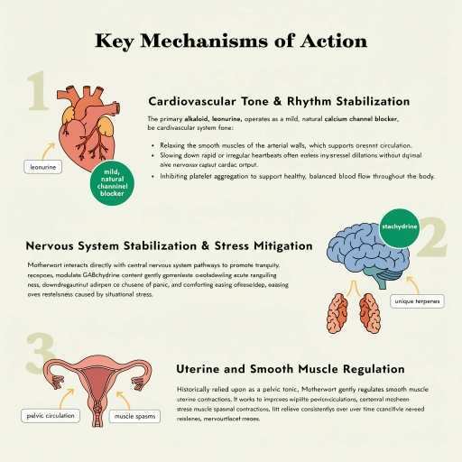 Cardiovascular Tone & Rhythm Stabilization, Nervous system Stabilization & Stress Mitigation, Uterine & Smooth Muscle Regulation