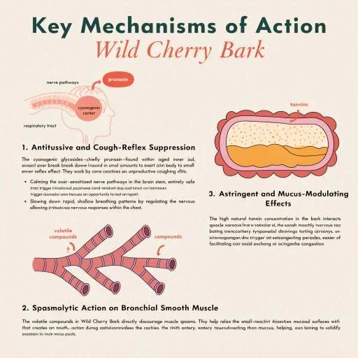 Antitussive & Cough Reflex Suppression, Spasmolytic Activation Bronchial Smooth Muscle, Astringent & Mucus Modulating Effect
