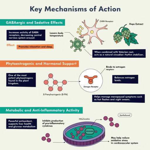 GABAergic & Sedative Effects, Phyto estrogenic & Hormonal Support, Metabolic & Anti-Inflammatory activity