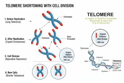 Image of a chromosome with a telomere cap at each end, showing the shortening process