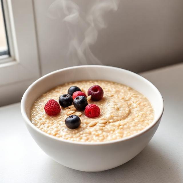 Bowl of cooked amaranth porridge with berries