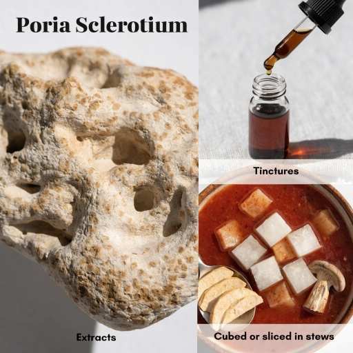 Culinary (Dried cubes for broth/stews and rice congee),  Standardized Extract Powders, Hydro-Ethano Tinctures, Tinctures