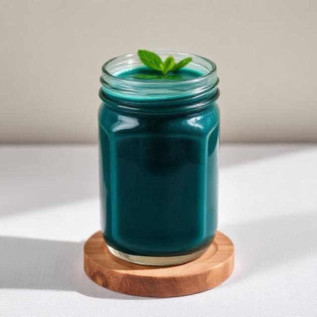 Spirulina smoothie in a clear glass jar on a wooden board