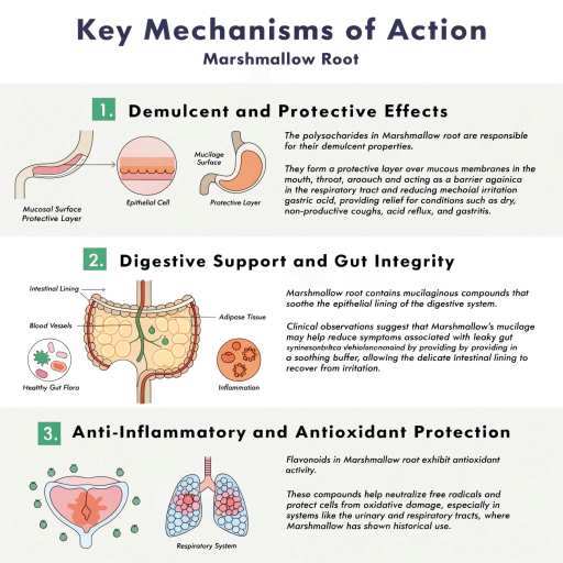 Demulcent and Protective Effects, digestive support and Gut integrity, anti-inflammatory and anti-oxidant support, skin 