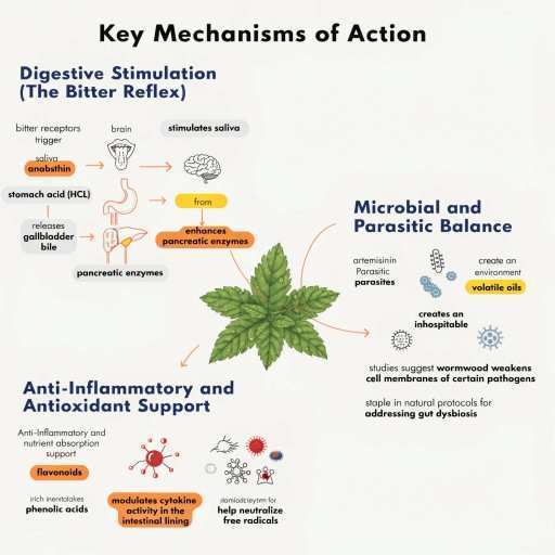 digestive system, microbial & parasitic balance, anti-inflammatory and anti-oxidant