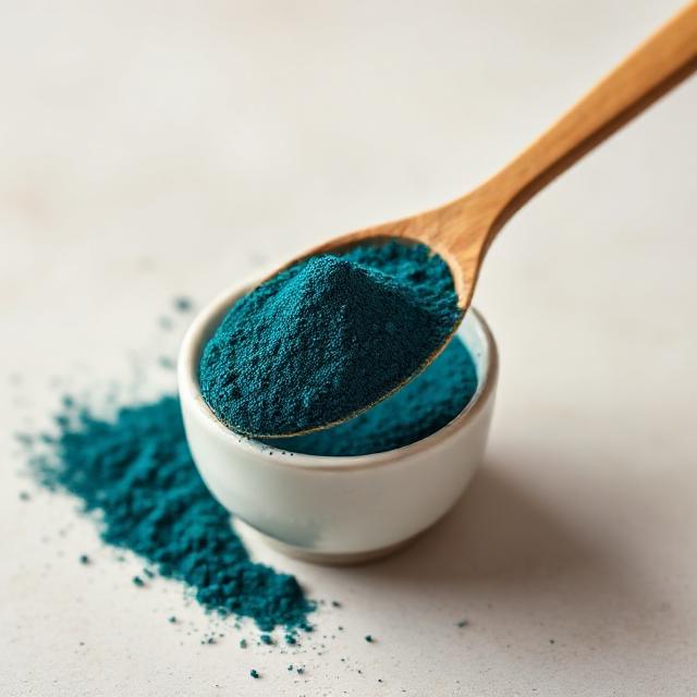 Wooden spoon heaped with deep blue-green spirulina powder over a white bowl