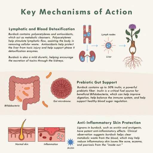 anti-inflammatory, skin protection, lymphmatic, prebiotic gut health