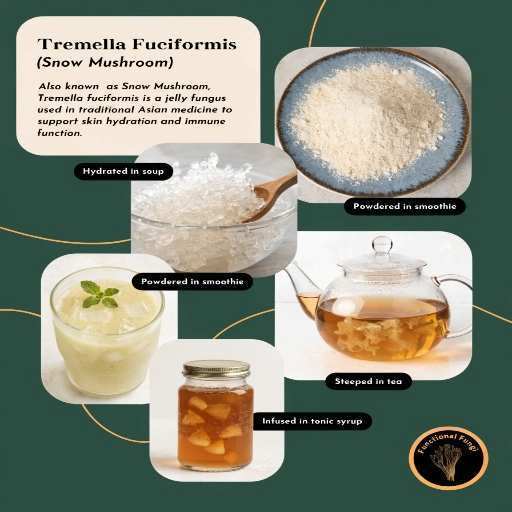Hydrated Mushrooms used for broths, desserts, soups and stir-fry, Concentrated Extracts/Powders, Tonics/Syrups and Herbal Tea