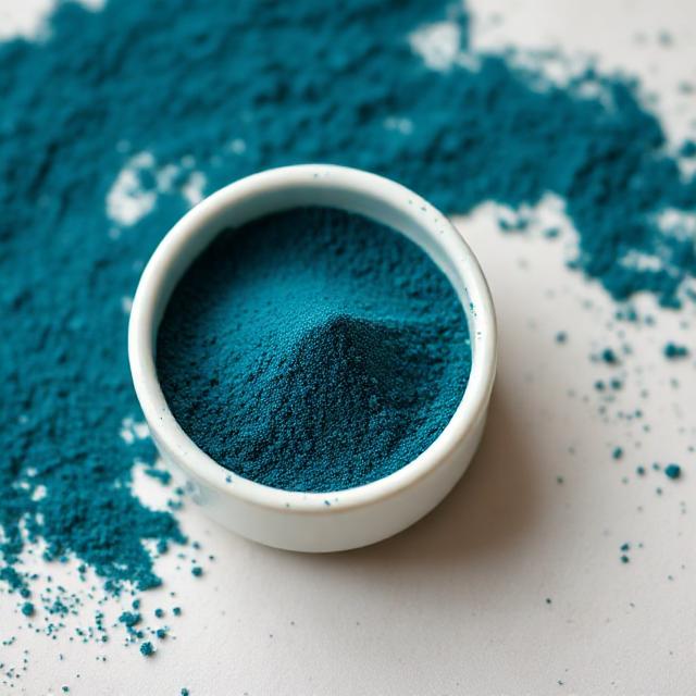 Top-down view of deep blue-green spirulina powder in a white bowl