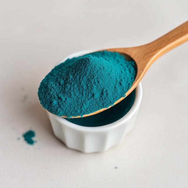 Deep blue-green spirulina powder in a wooden spoon over a white bowl