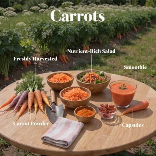 Raw of Cooked Orange, Purple,  Yellow Carrots, Culinary (Drinks, Garnishes, salad, smoothies, soups), Capsules and Powder