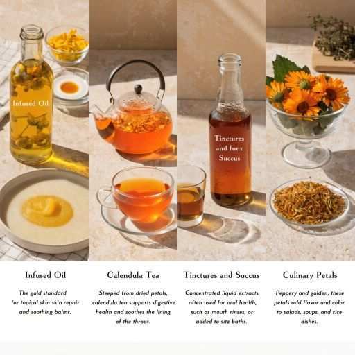 Infused oil, tea and powder