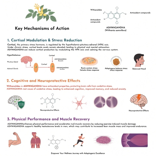 cortisol modulation, stress reduction, cognitive and neuroprotective effects, physical performance and muscle recovery