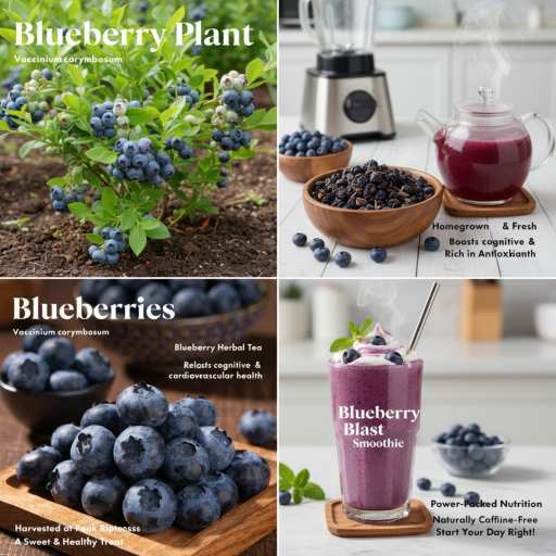 blueberry plant, fruit, smoothie and tea