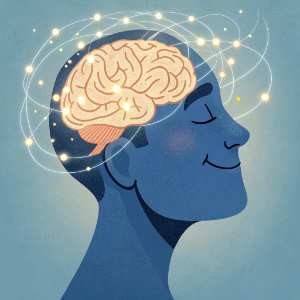 man in good mood transparent head brain glowing
