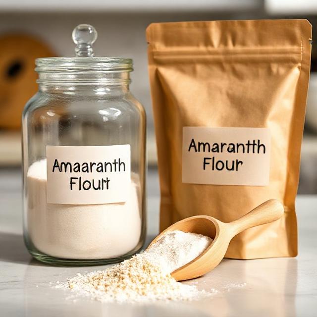 Glass jar and pouch labeled Amaranth Flour with wooden scoop