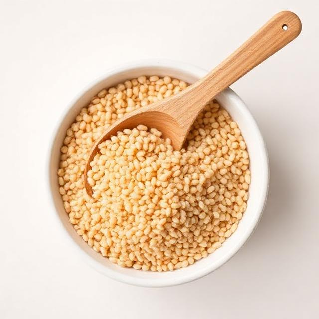 Raw amaranth grains in a white bowl with a wooden spoon