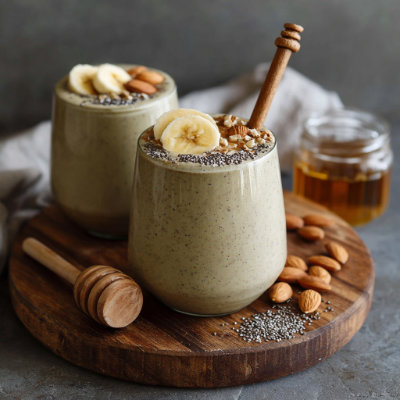 A creamy smoothie with banana and almond butter, in a glass, on a white background with a NutrientShield logo.
