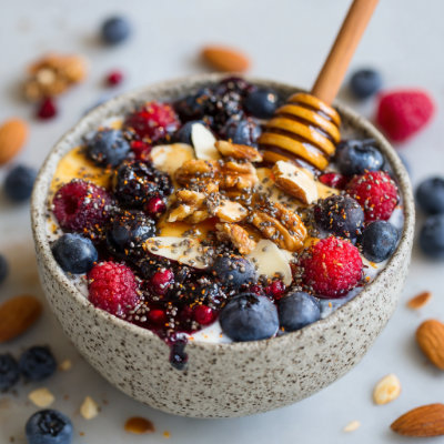 A layered parfait with Greek yogurt, almonds, and berries, in a glass, on a white background with a NutrientShield logo.