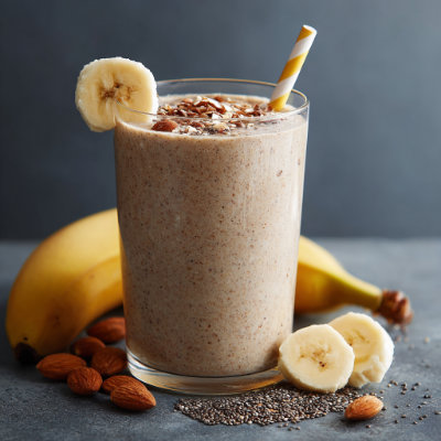 A glass of almond milk smoothie.