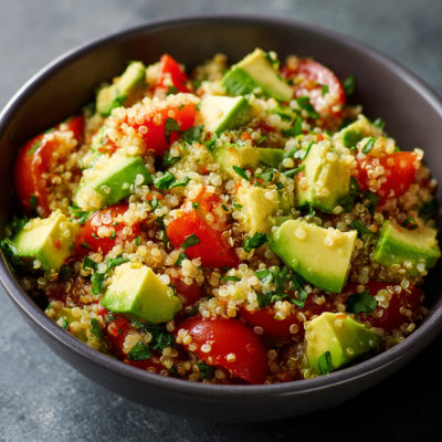 A vibrant salad with avocado chunks, quinoa, and tomatoes, on a white background with a NutrientShield logo.