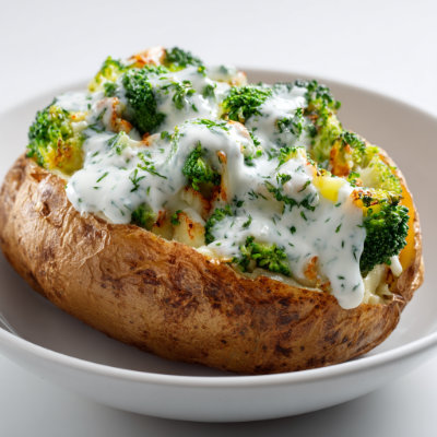 A baked potato topped with steamed broccoli and yogurt, on a white background with a NutrientShield logo.