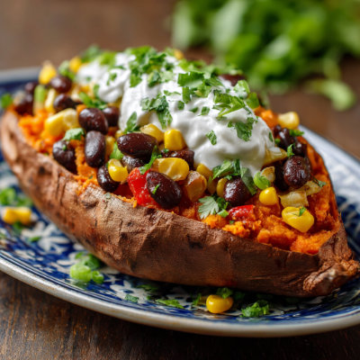 A baked sweet potato cut open.