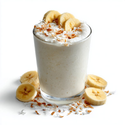 A creamy smoothie in a glass with banana slices and coconut flakes, on a white background with a green NutrientShield logo accent.
