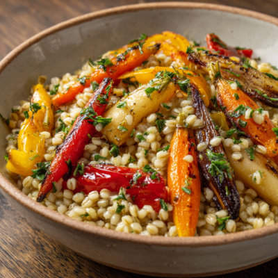 A bowl of barley salad with chopped vegetables.
