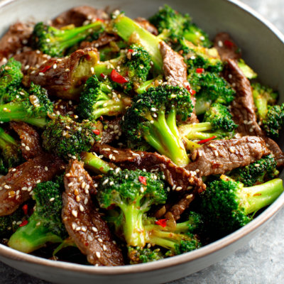 A plate of beef and broccoli stir-fry.