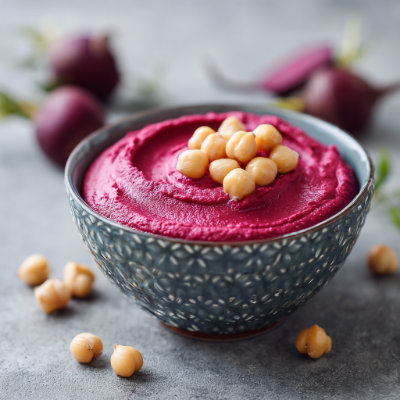 A bowl of vibrant pink beetroot hummus.