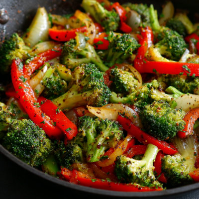 A colorful stir-fry with bell peppers and vegetables.
