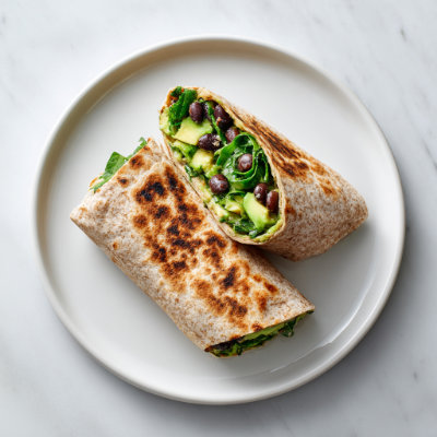 A whole-grain wrap filled with black beans, spinach, and avocado, on a white background with a NutrientShield logo.