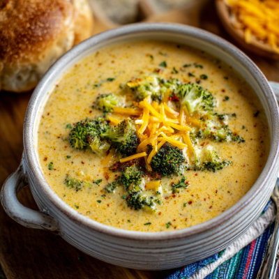 A creamy bowl of broccoli cheddar soup.
