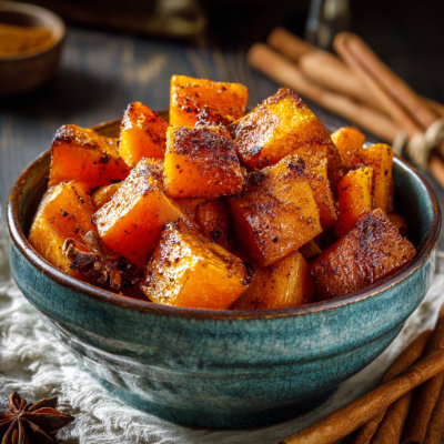 Roasted butternut squash cubes on a plate.
