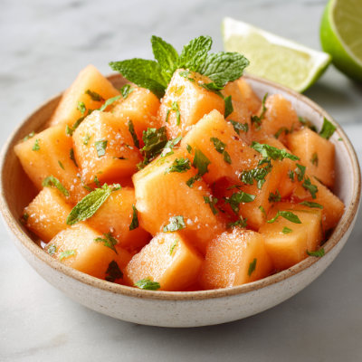 A salad with cantaloupe cubes and fresh mint.