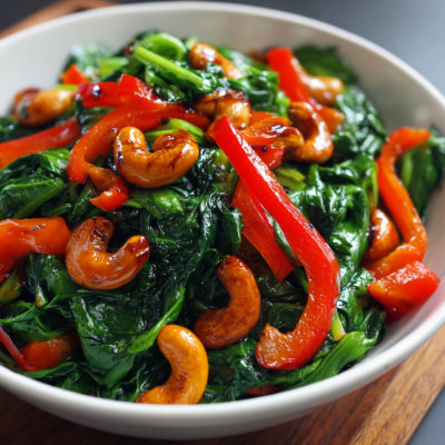 A stir-fry with cashews, spinach, and bell peppers, on a white background with a NutrientShield logo.